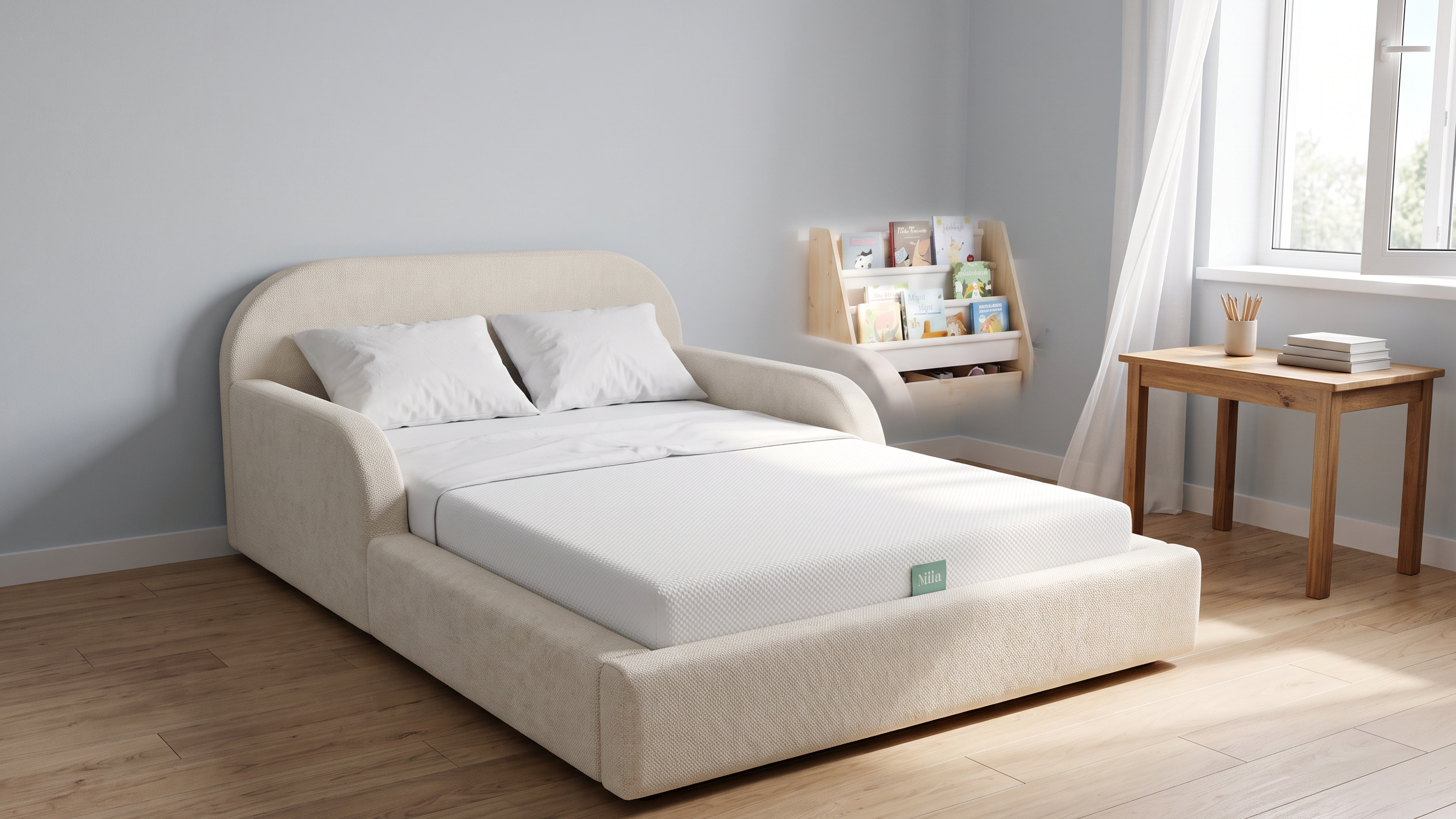 Zimmer eines Schulkindes mit Mila Cloud Kinderbett in Creme und kleinem Schreibtisch