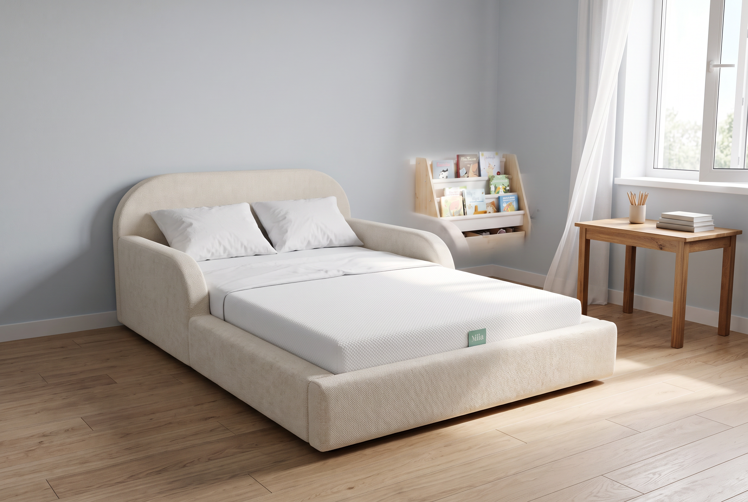 Zimmer eines Schulkindes mit Mila Cloud Kinderbett in Creme und kleinem Schreibtisch