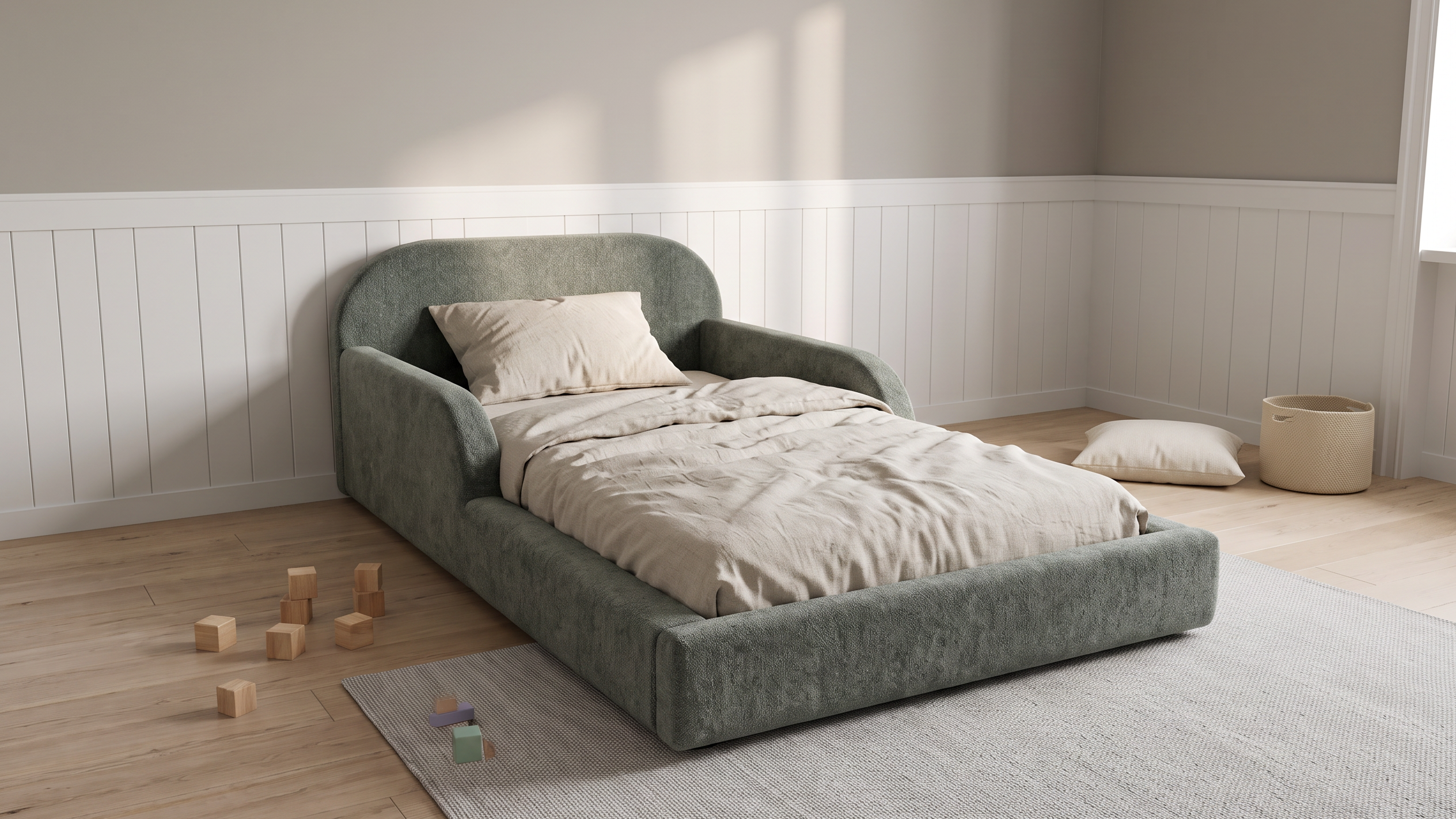 Mila Cloud Kinderbett in Salbeigrau mit Leinenbettwäsche in einem Kinderzimmer mit weisser Holztäfelung im Nachmittagslicht