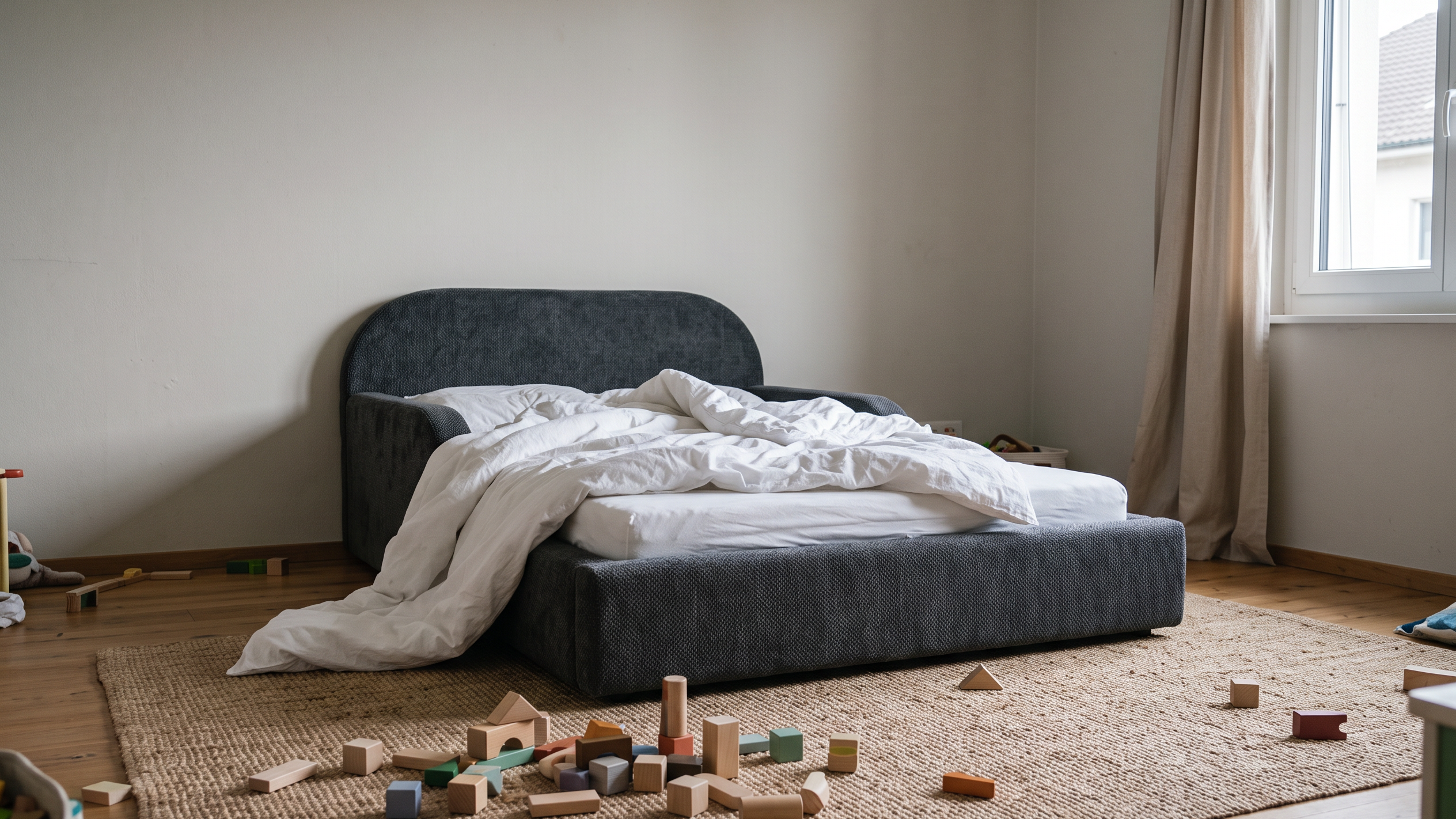 Bewohntes Kinderzimmer mit Mila Cloud Kinderbett in Anthrazit und Holzbausteinen