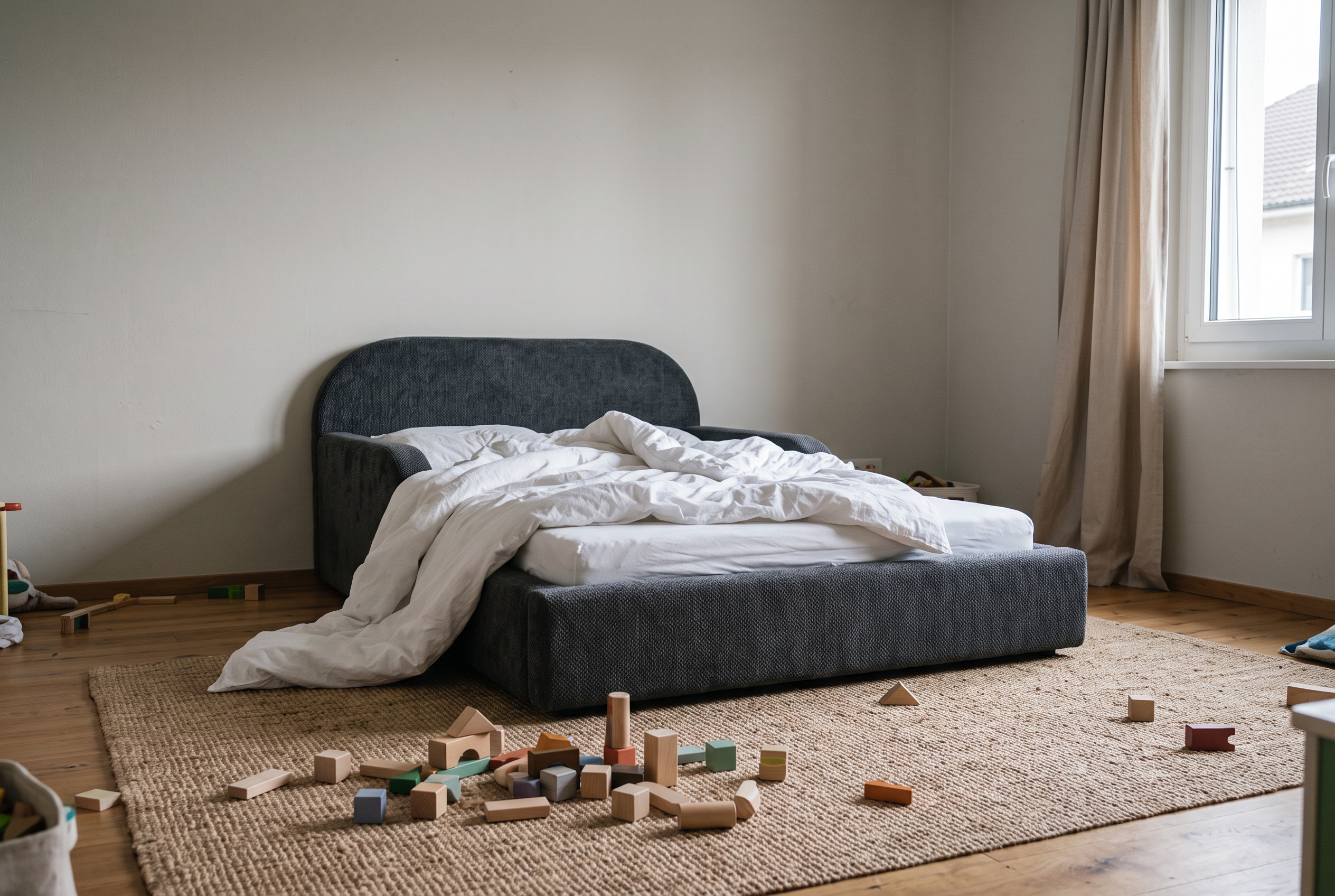 Bewohntes Kinderzimmer mit Mila Cloud Kinderbett in Anthrazit und Holzbausteinen
