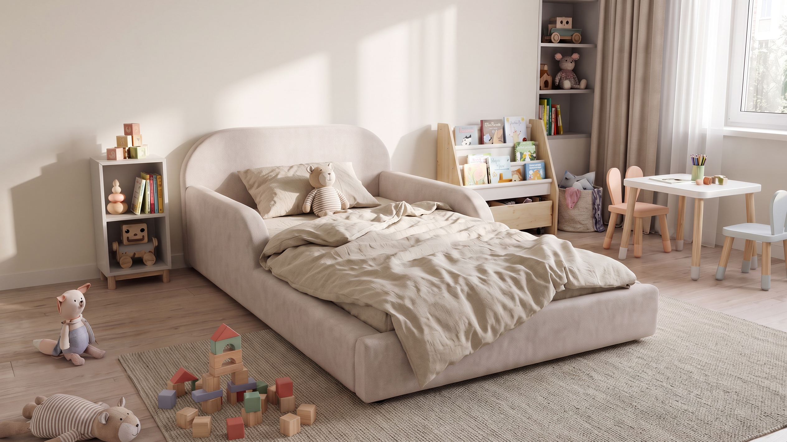 Gepolstertes Kinderbett in Creme mit vertrauter Bettwäsche