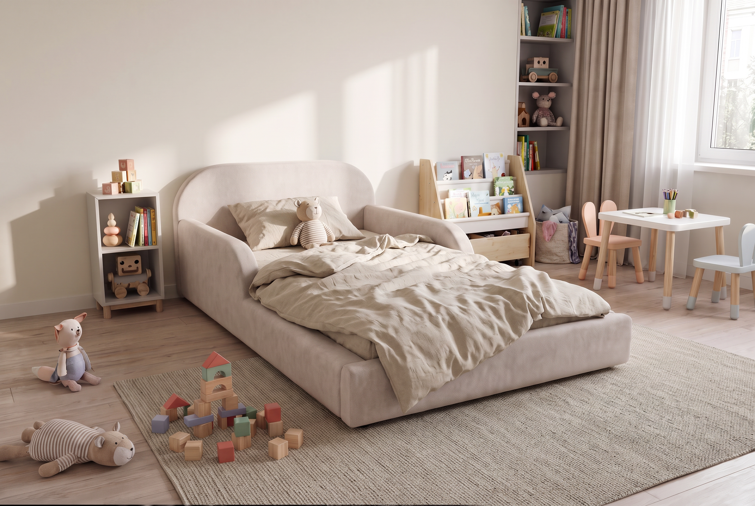 Gepolstertes Kinderbett in Creme mit vertrauter Bettwäsche