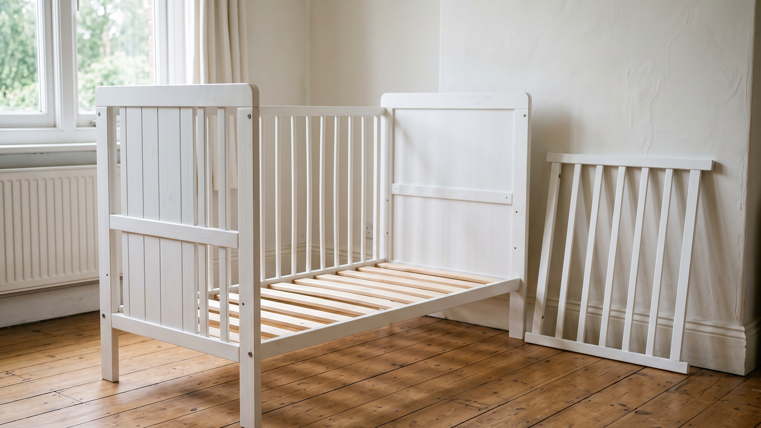 Teilweise abgebautes weisses Gitterbett in einem hellen Zimmer