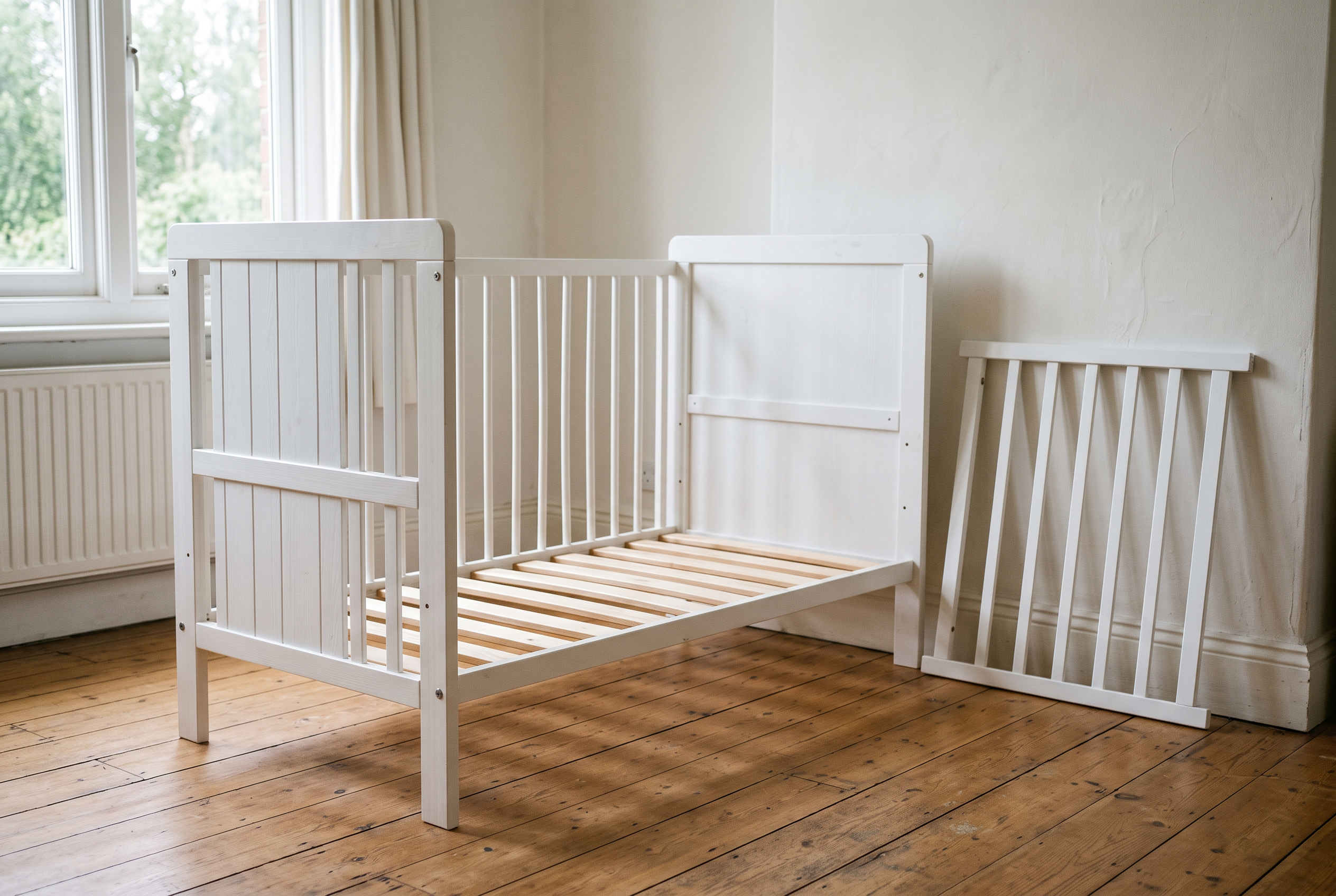 Teilweise abgebautes weisses Gitterbett in einem hellen Zimmer