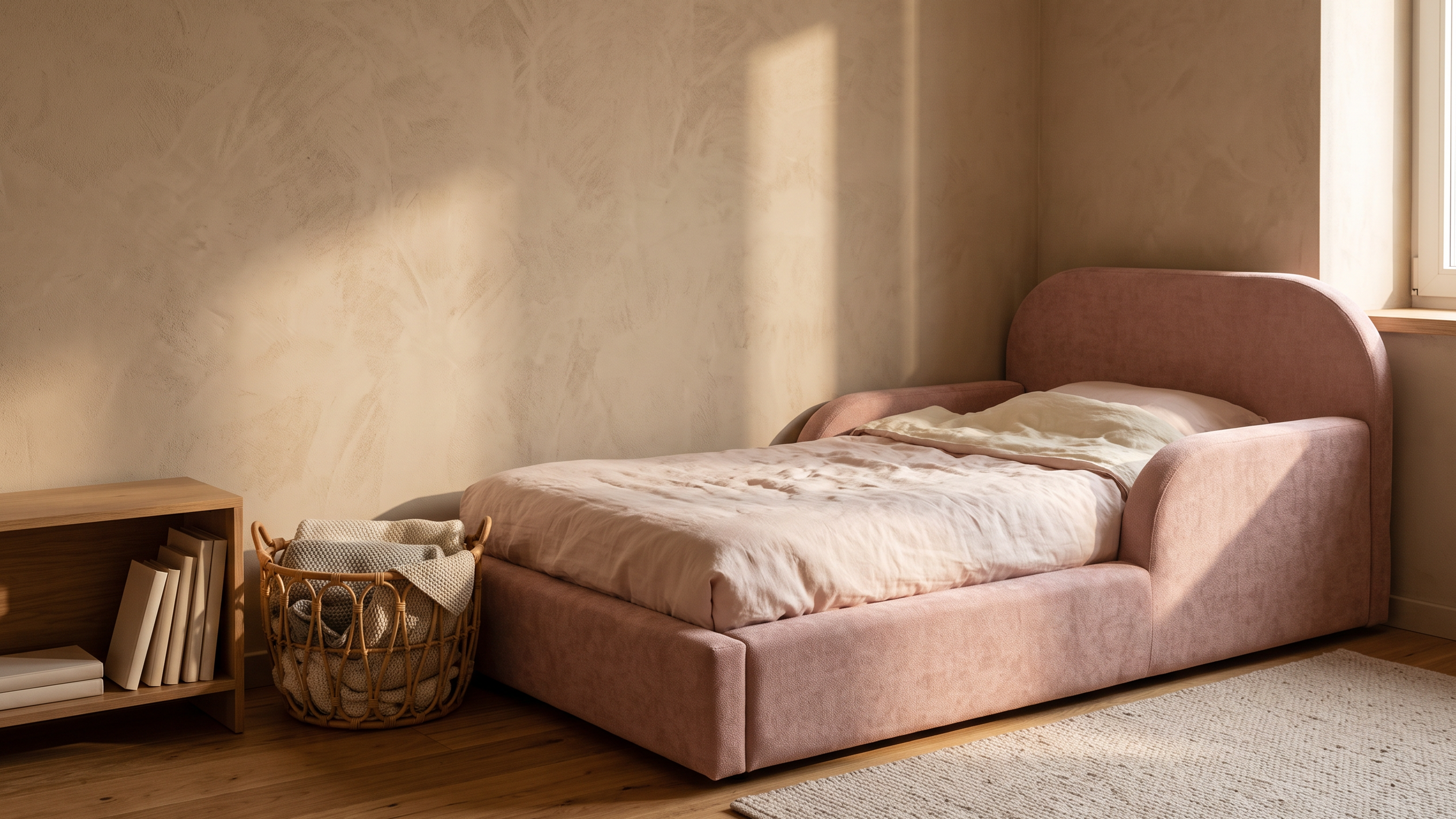 Kinderzimmer mit Leseecke und Mila Cloud Kinderbett in Altrosa